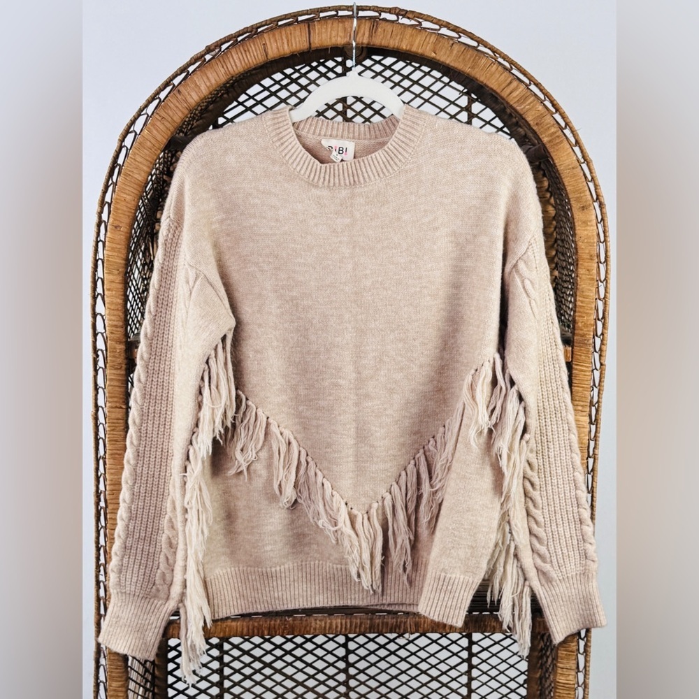 Bibi Fringe Knit Sweater Women’s Small Beige Pullover Cable Sleeve Boho Western